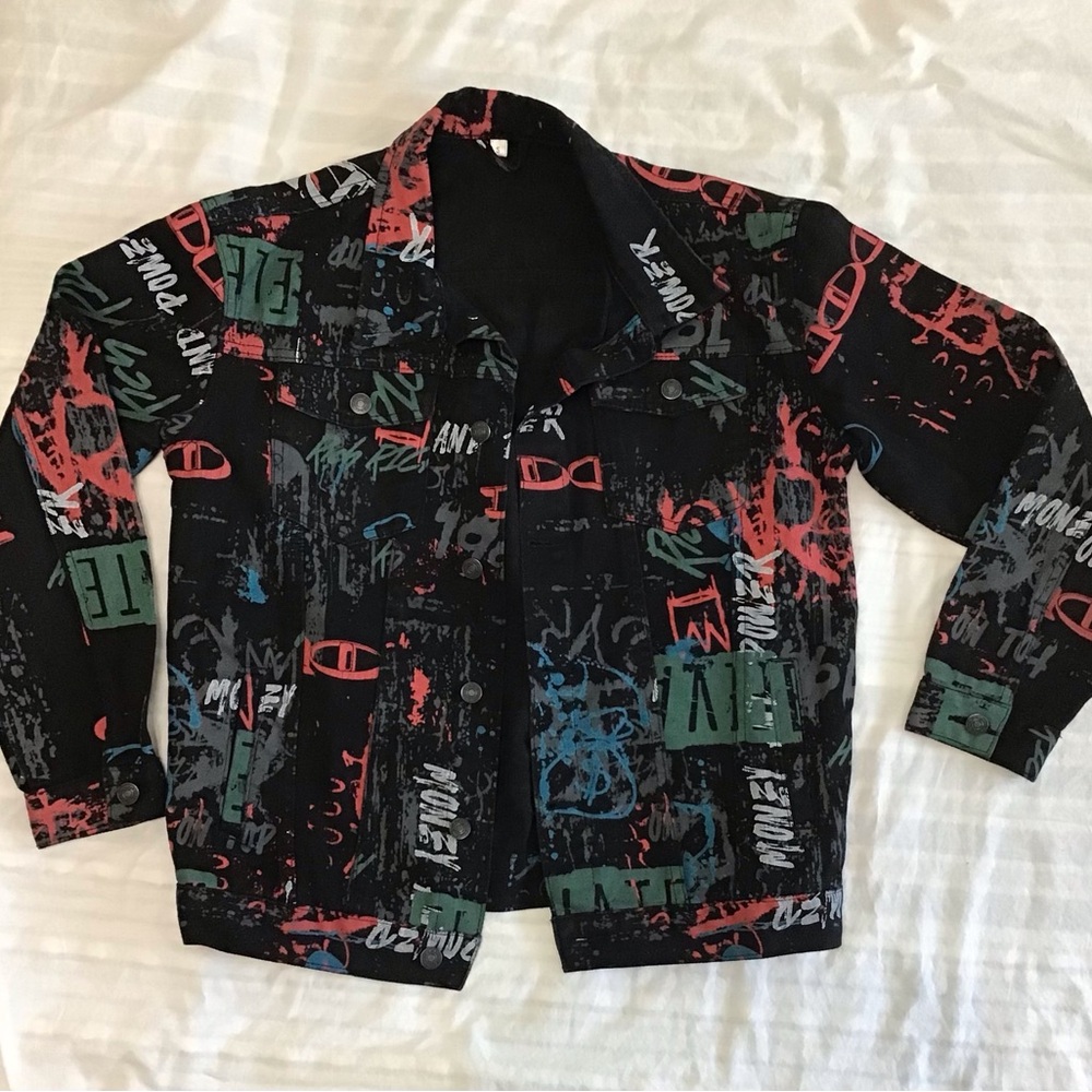Men's Graphic Jean Jacket - Black and Red, K-pop, Korean, Graffiti